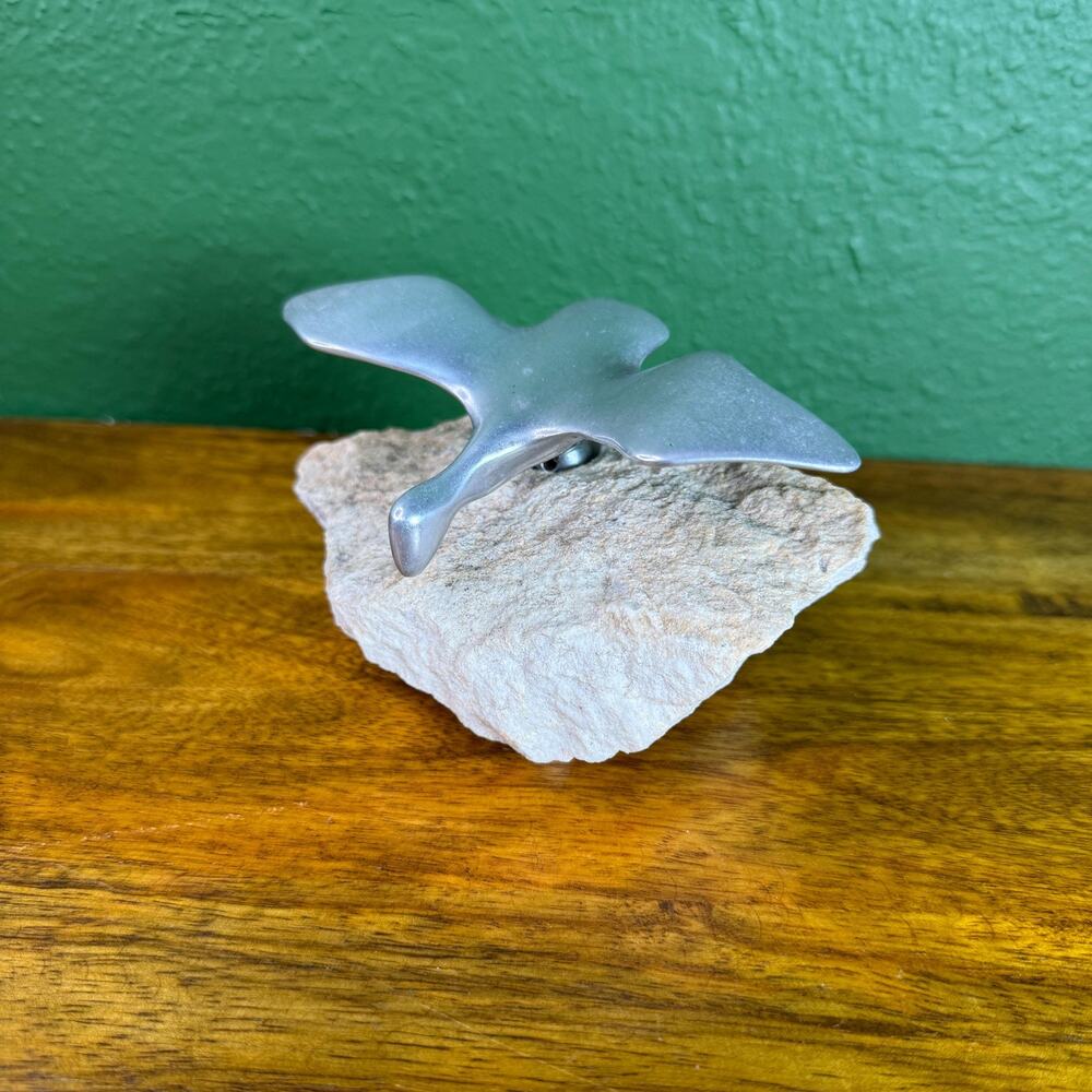 Hoselton Aluminum Flying Goose Figurine: MCM Metal Bird on Rock